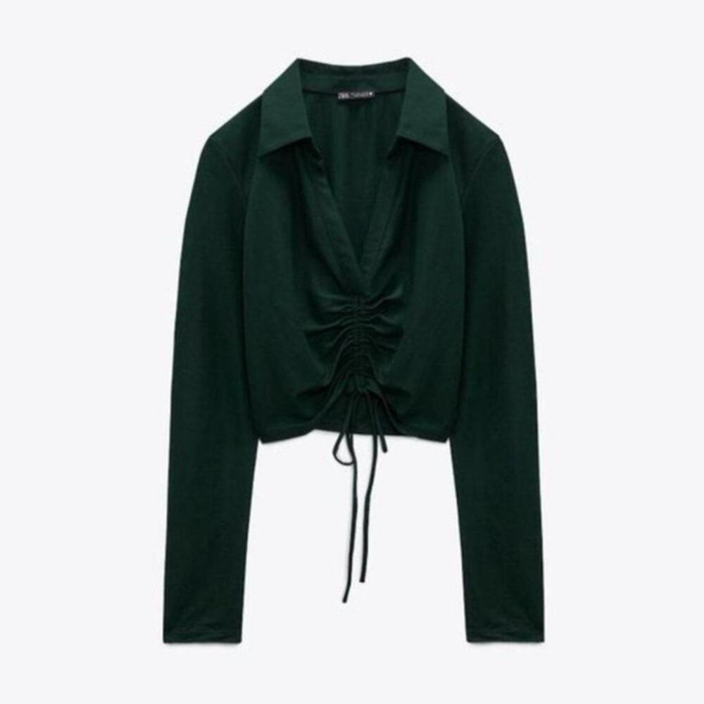Zara Green Ruched Drawstring Collar Long Sleeve Blouse Size Medium